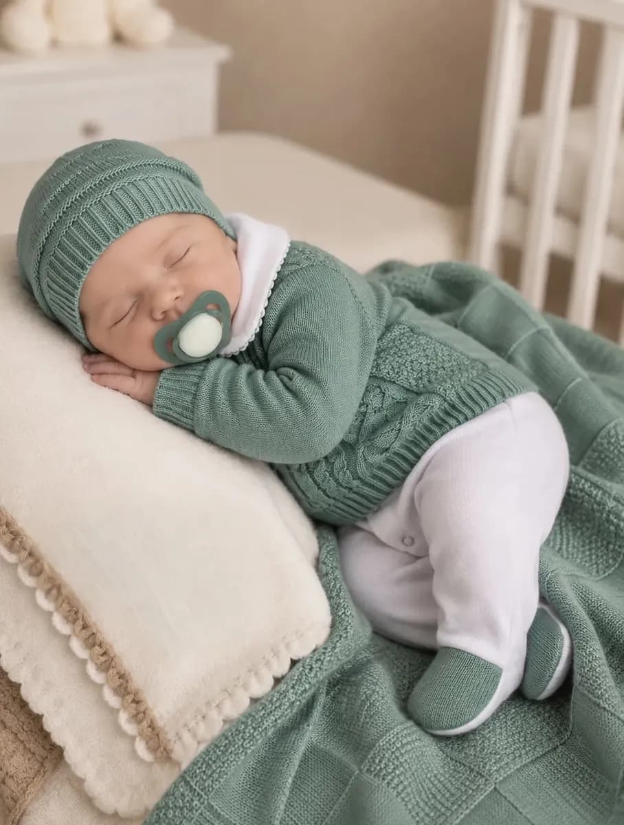 Saída de Maternidade em Tricô Menino Verde Oliva 0 a 3 Meses